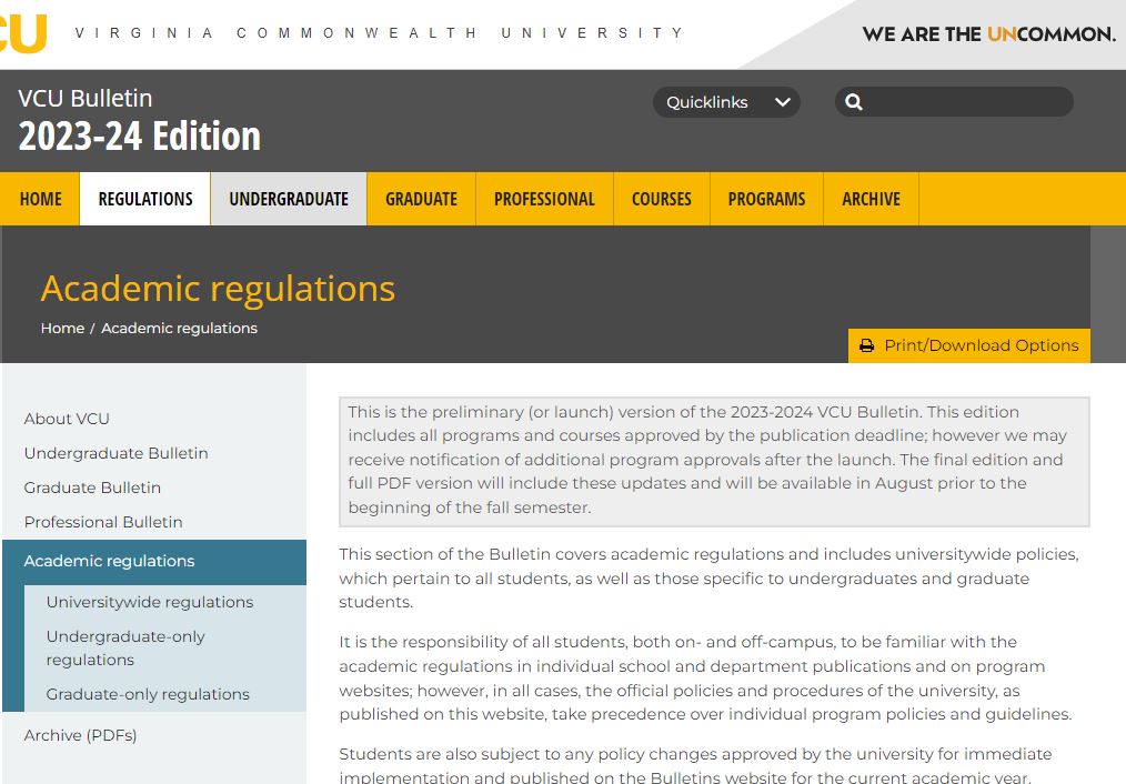 Screenshot of the VCU Bulletin